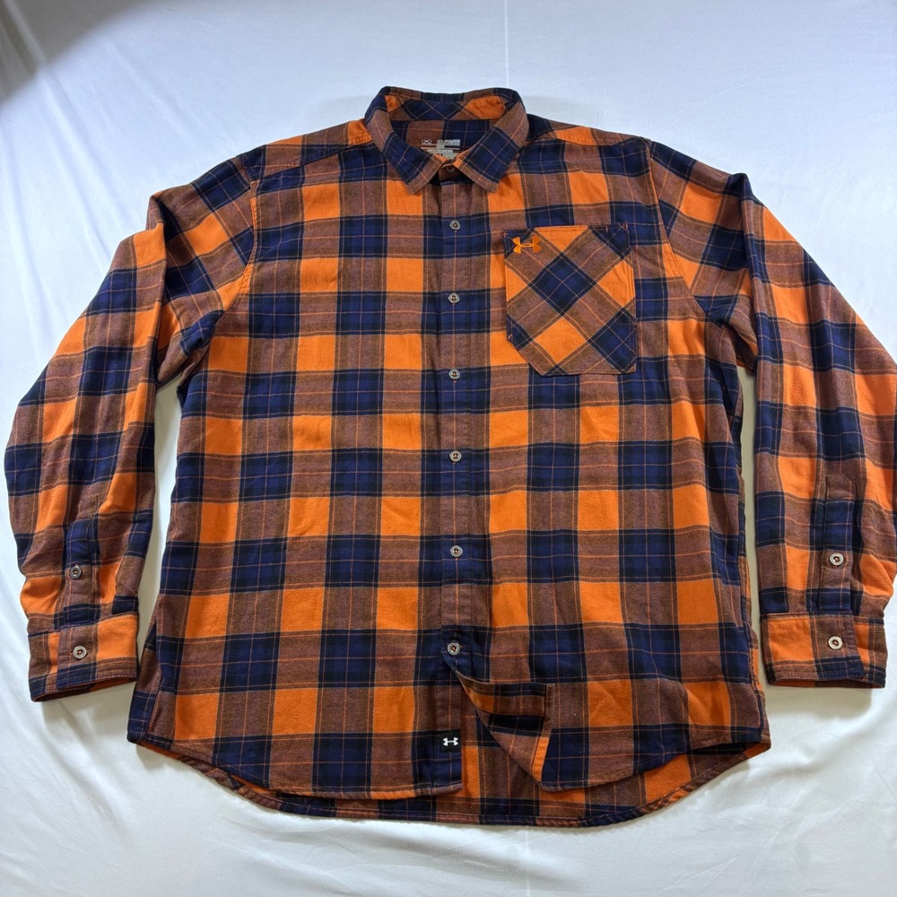 Under Armour ColdGear Plaid Flannel Shirt Mens 2XL Orange Navy Blue Loose Fit